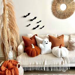 Burnt Orange Sherpa Pumpkin Pillow, Sage Green Stem - thumbnail 2