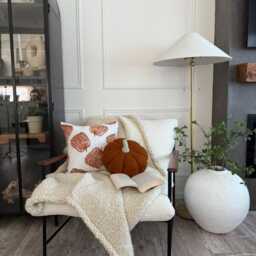 Burnt Orange Sherpa Pumpkin Pillow, Sage Green Stem - thumbnail 4