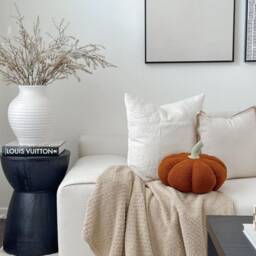 Burnt Orange Sherpa Pumpkin Pillow, Sage Green Stem - thumbnail 3