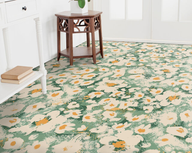 Painting Meadow Spring Vibes Vinyl Flooring, Green Retro Floor Cover, White Flooring Decor, Flowers Modern Baby Shower Ideas - image 1
