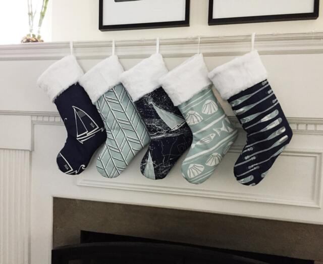 Nautical Christmas Stocking, Coastal, Boat Navy Sailing Decor, Indigo Spa Blue Oars Bogatell Caicos Seaton 547 548 611 612 624 - image 1