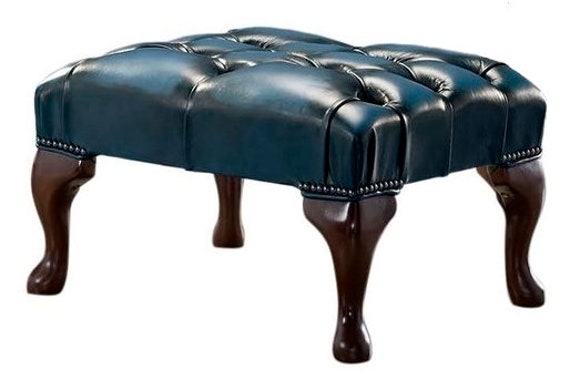 Traditional Chesterfield Queen Anne Footstool 100% Antique Blue Leather - image 1