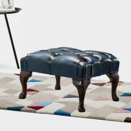 Traditional Chesterfield Queen Anne Footstool 100% Antique Blue Leather - thumbnail 3