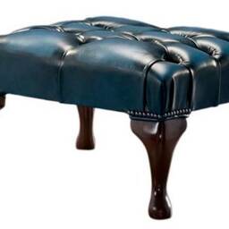 Traditional Chesterfield Queen Anne Footstool 100% Antique Blue Leather - thumbnail 2
