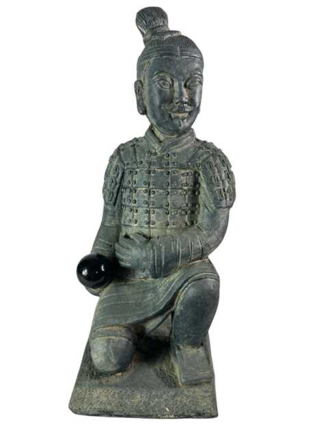 Kneeling Warrior Resin Terracotta Effect Grey Aged Garden Statue Ornament - image 1