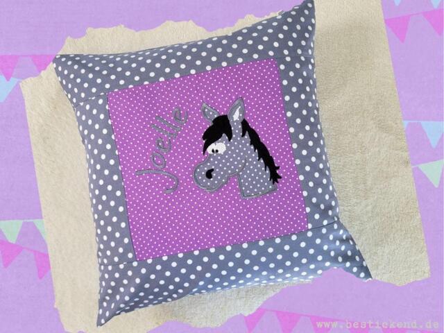 Embroidered Pillow Horse + Name //Grey - Lilac// 40x40 Pillowcase Gift Cuddly Cuddle Name - image 1