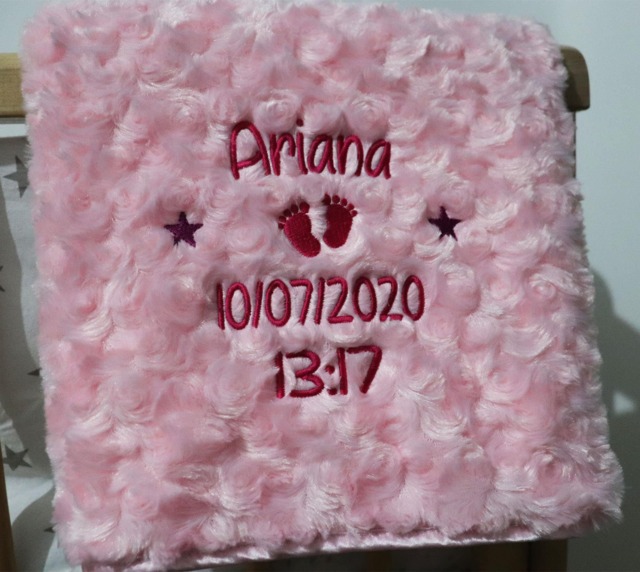 Personalised Baby Blanket Luxury Rosebud Style Pink Round Font Name Date Time Print - image 1
