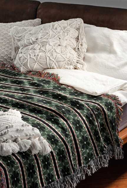 Green & Pink Floral Scandi Striped Woven Cotton Throw Blankets - image 1