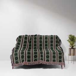 Green & Pink Floral Scandi Striped Woven Cotton Throw Blankets - thumbnail 2