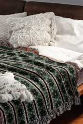 Green & Pink Floral Scandi Striped Woven Cotton Throw Blankets - thumbnail 1