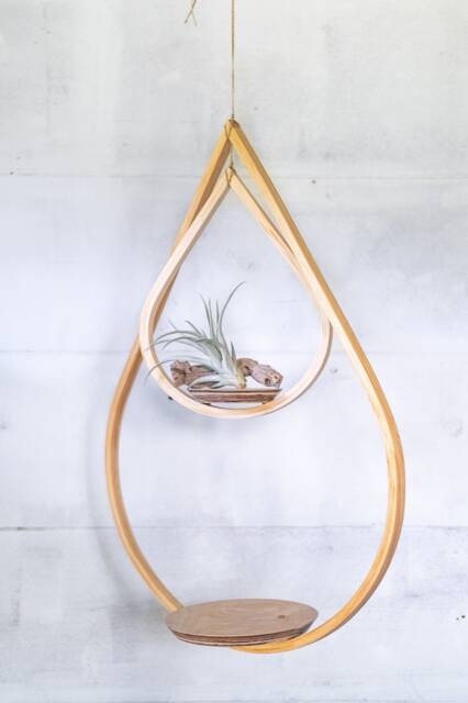 Large Indoor Wooden Tear Drop Hanger, Air Plant Holder, Planter With Saucer, Minimalist Mid Century Modern - image 1