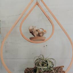Large Indoor Wooden Tear Drop Hanger, Air Plant Holder, Planter With Saucer, Minimalist Mid Century Modern - thumbnail 2