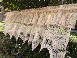 Hand Crochet Lace Curtain Valance - Beige Ruffled Cafe - thumbnail 1