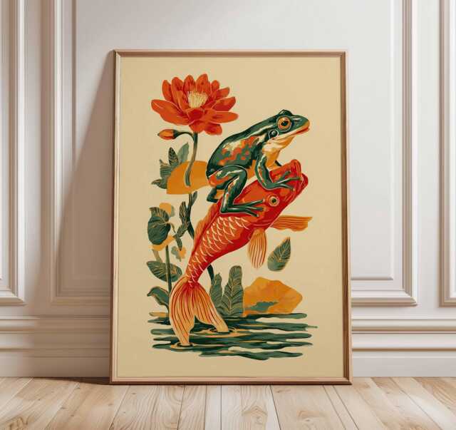 Frog & Koi Fish Poster, Japanese Art Print, Botanical Wall Art, Whimsical Animal Illustration, Orange Green Decor, Design - image 1