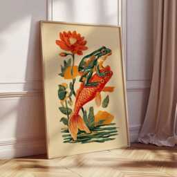 Frog & Koi Fish Poster, Japanese Art Print, Botanical Wall Art, Whimsical Animal Illustration, Orange Green Decor, Design - thumbnail 2