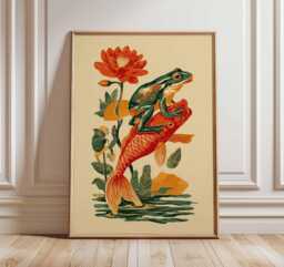 Frog & Koi Fish Poster, Japanese Art Print, Botanical Wall Art, Whimsical Animal Illustration, Orange Green Decor, Design - thumbnail 1