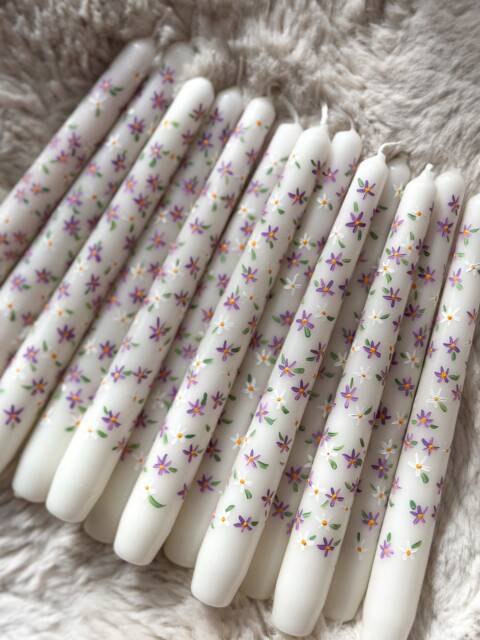 Hand-Painted Taper Candles - Purple Floral Design - image 1