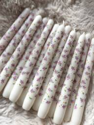 Hand-Painted Taper Candles - Purple Floral Design - thumbnail 1