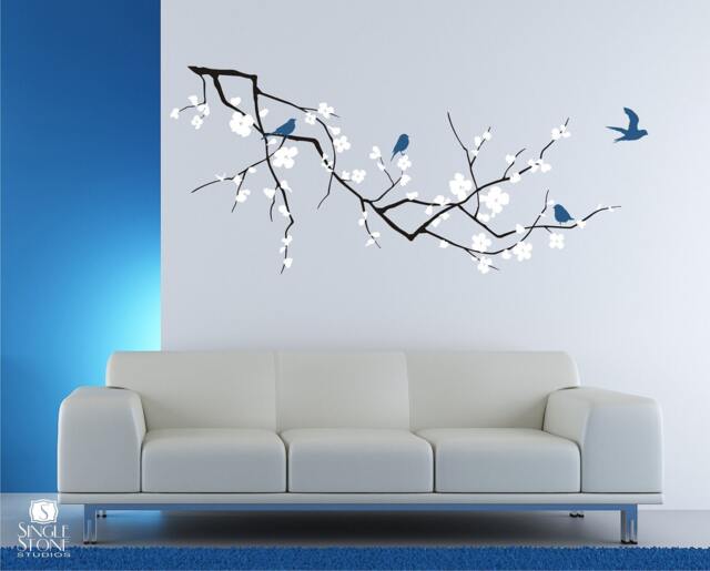 Cherry Blossom Tree Branch Wall Decal With Birds - Vinyl Art Custom Home Decor - image 1
