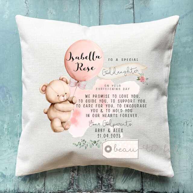 Personalised Christening Baptism Gift Promise To Godchild Godson Goddaughter Teddy Bear Balloon Linen Style Cushion Godparent Godmother - image 1