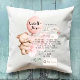 Personalised Christening Baptism Gift Promise To Godchild Godson Goddaughter Teddy Bear Balloon Linen Style Cushion Godparent Godmother - thumbnail 1