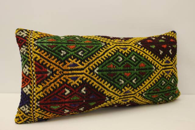 Vintage Turkish Kilim Lumbar Pillow Cover, Boho Cushion - 12x24 - image 1