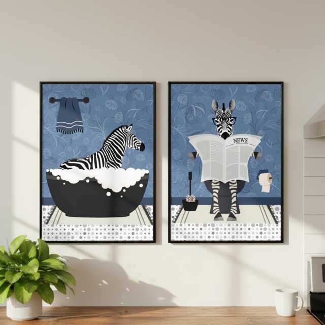 Zebra Bathroom Prints, Bath & Toilet Art, Set Of Two Blue Prints - image 1
