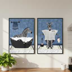 Zebra Bathroom Prints, Bath & Toilet Art, Set Of Two Blue Prints - thumbnail 1