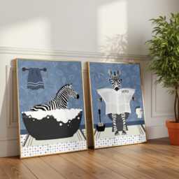 Zebra Bathroom Prints, Bath & Toilet Art, Set Of Two Blue Prints - thumbnail 2