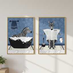Zebra Bathroom Prints, Bath & Toilet Art, Set Of Two Blue Prints - thumbnail 3