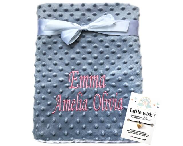 Personalized Embroidered Baby Blanket Grey Dotted Blanket, Pink Thread - image 1