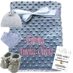 Personalized Embroidered Baby Blanket Grey Dotted Blanket, Pink Thread - thumbnail 2