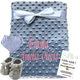 Personalized Embroidered Baby Blanket Grey Dotted Blanket, Pink Thread - thumbnail 3