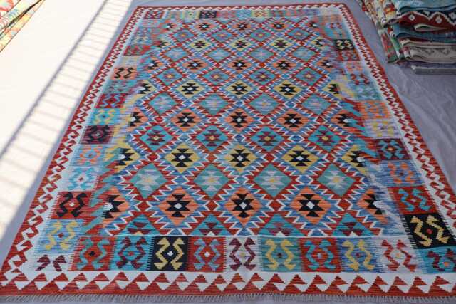 7'2x10'3 Ft Blue Afghan Kilim Rug, Geometric Natural Dyes Wool Handmade Flatweave Bohemian Boho Carpet, Living Room Rug - image 1