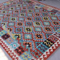 7'2x10'3 Ft Blue Afghan Kilim Rug, Geometric Natural Dyes Wool Handmade Flatweave Bohemian Boho Carpet, Living Room Rug - thumbnail 2