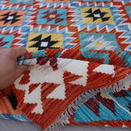 7'2x10'3 Ft Blue Afghan Kilim Rug, Geometric Natural Dyes Wool Handmade Flatweave Bohemian Boho Carpet, Living Room Rug - thumbnail 3