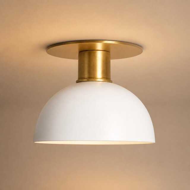 Brass Flush Mount Light, Mid-Century Modern Ceiling Fixture With White Dome Shade - image 1