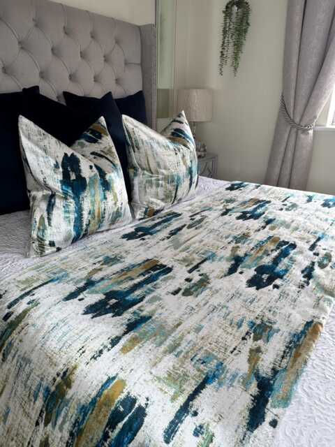 Elegant Teal Ochre Navy Bed Runner/Luxury Throw Blanket Comforter Bedspread Scarf For King & Super Size Bedding, Wish Lagoon - image 1
