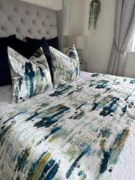 Elegant Teal Ochre Navy Bed Runner/Luxury Throw Blanket Comforter Bedspread Scarf For King & Super Size Bedding, Wish Lagoon - thumbnail 1