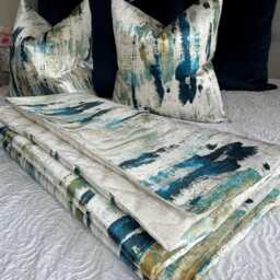 Elegant Teal Ochre Navy Bed Runner/Luxury Throw Blanket Comforter Bedspread Scarf For King & Super Size Bedding, Wish Lagoon - thumbnail 3