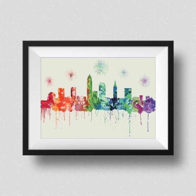 Cleveland Skyline Watercolor Print, Ohio With Firework Ink Splash Poster Art, Print