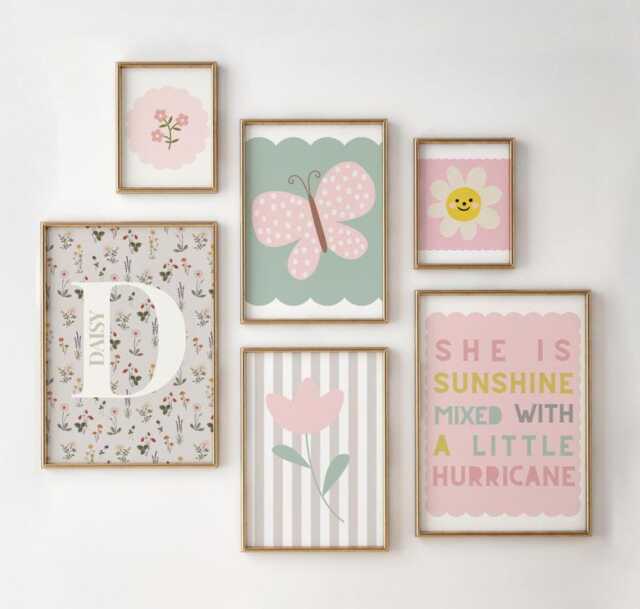 Personalized Pastel Flower Butterfly Print Set, Girls Nursery Decor - image 1