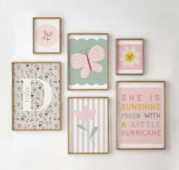 Personalized Pastel Flower Butterfly Print Set, Girls Nursery Decor - thumbnail 1