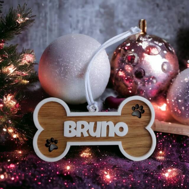 Coloured Acrylic Personalised Dog Bone Christmas Bauble Decoration For Dog Owner Gift - image 1