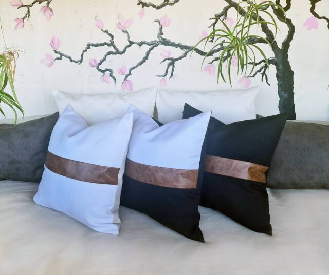 Color Block Pillow Cover Brown Faux Leather, Linen Accent - image 1