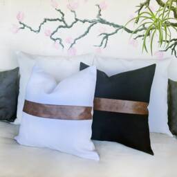 Color Block Pillow Cover Brown Faux Leather, Linen Accent - thumbnail 2