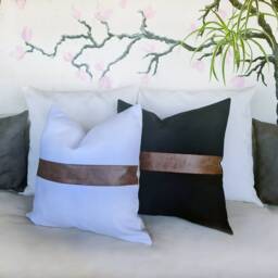 Color Block Pillow Cover Brown Faux Leather, Linen Accent - thumbnail 3