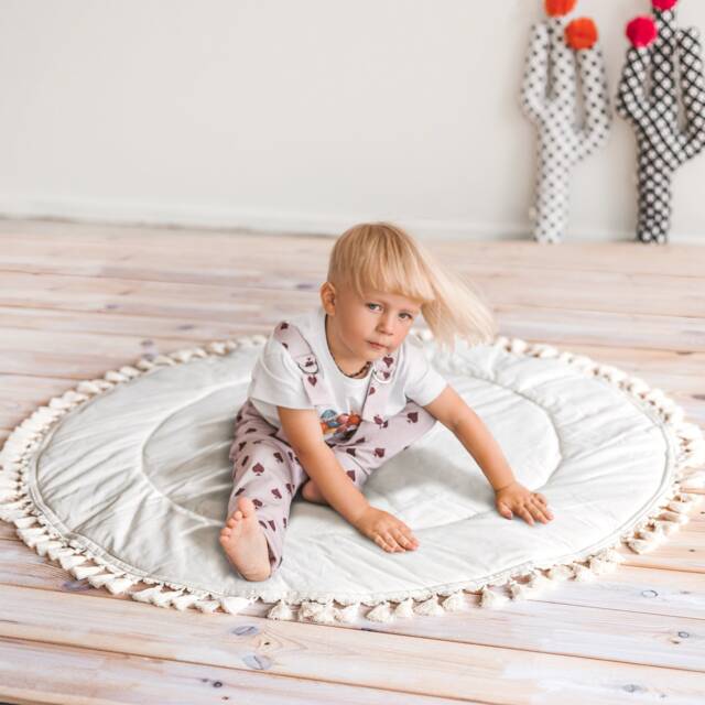 Baby Play Mat - Round Tummy Time Mat, Padded Floor Boho Nursery Rug With Fringes, Handmade Activity For Babies - image 1