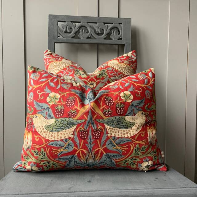 William Morris Fabric Cushion Cover Strawberry Thief Crimson Red Slate Vintage Designer Sofa Throw Pillow - image 1