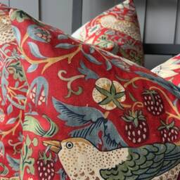 William Morris Fabric Cushion Cover Strawberry Thief Crimson Red Slate Vintage Designer Sofa Throw Pillow - thumbnail 2
